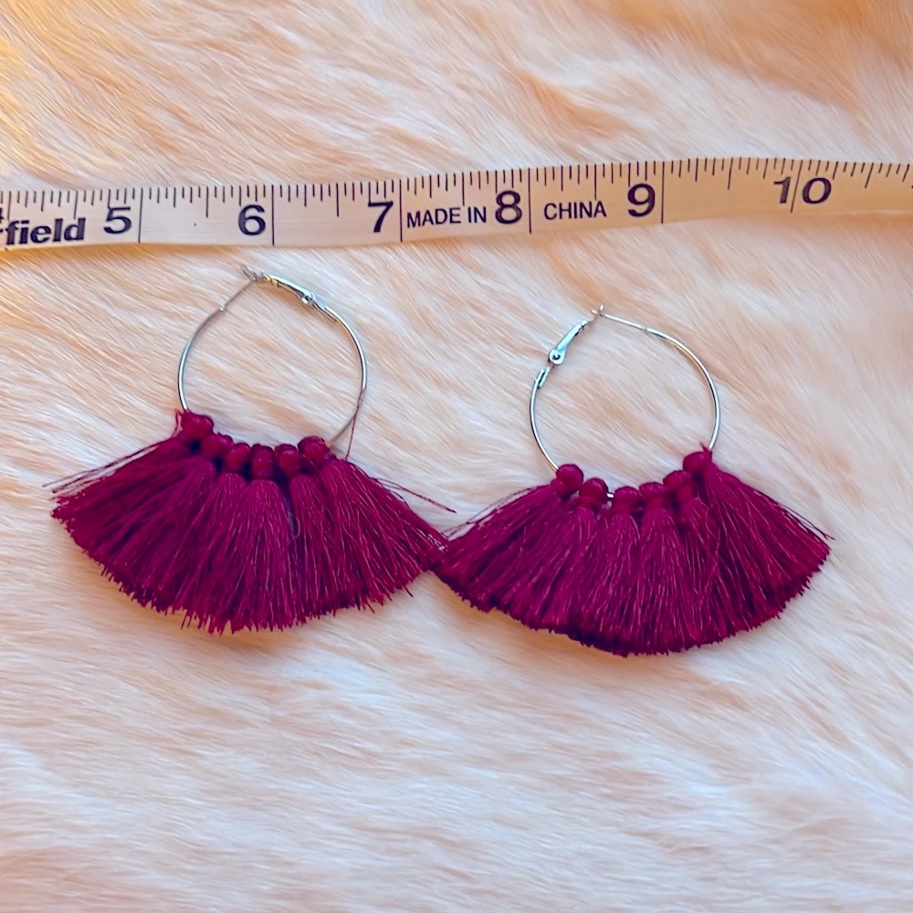 Burgundy red tassel with Silver Hoop
